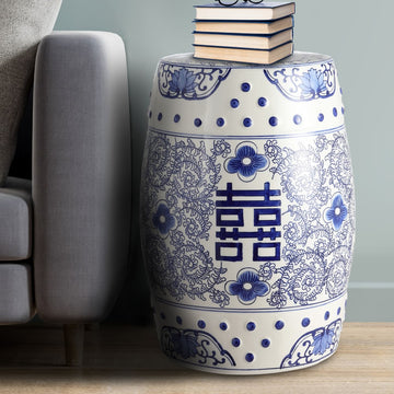 Double Happiness 18" Chinoiserie Ceramic Drum Garden Stool - JONATHAN Y